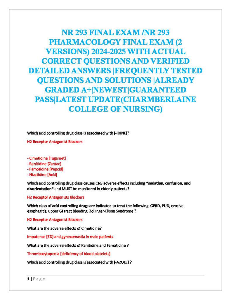 NR293 (Pharmacology for Nursing Practice) Final Exam questions and answers