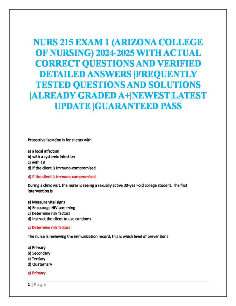 AZCN NUR 215 (Foundation in Nursing) 2025 Exam 1 actual questions with correct answers