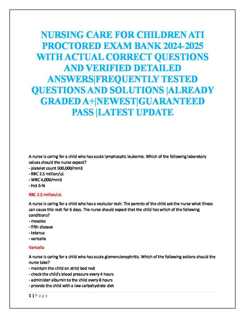 ATI Nursing Care of Children Proctored Exam (2024) practice questions & answers