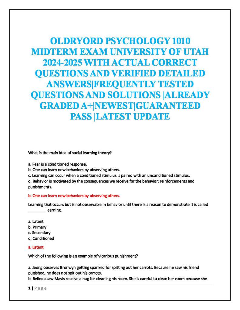 Introduction to Psychology (PSY 1010) midterm exam practice questions & answers