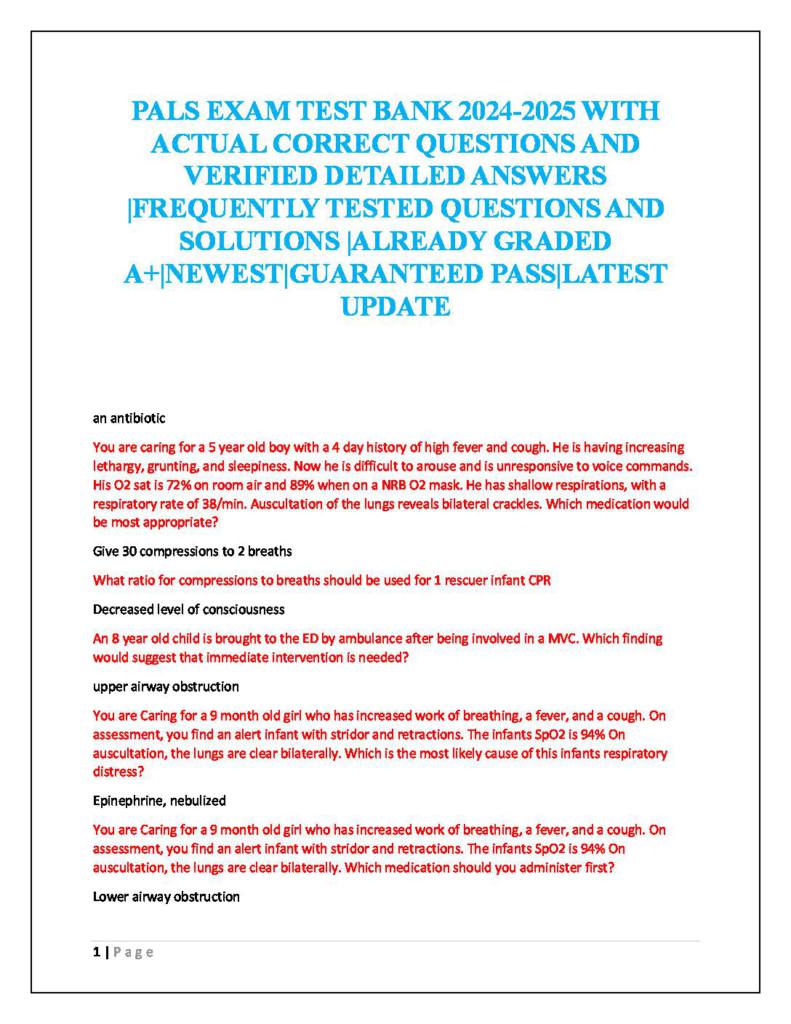 Pediatric Advanced Life Support (PALS) Certification exam testbank