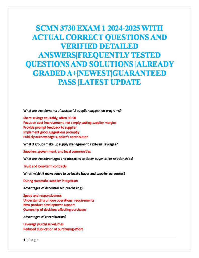 Strategic Sourcing (SCMN 3730) Exam 1 practice questions with answers