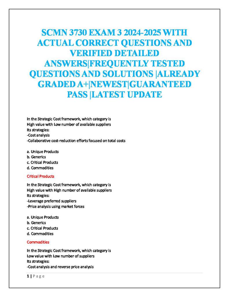 Strategic Sourcing (SCMN 3730) Exam 3 practice questions with answers