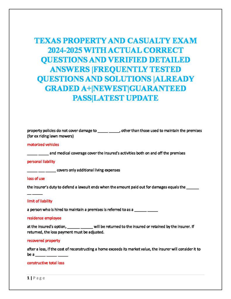 Texas Property and Casualty Insurance Exam verified questions & answers