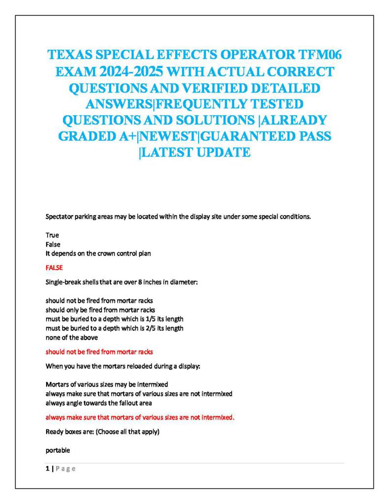 Texas Fireworks Special Effects Operator (TFM06) License Exam questions & answers