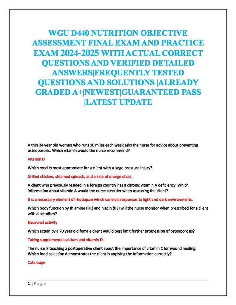 WGU Nutritional Science (D440) assessment exam questions & answers