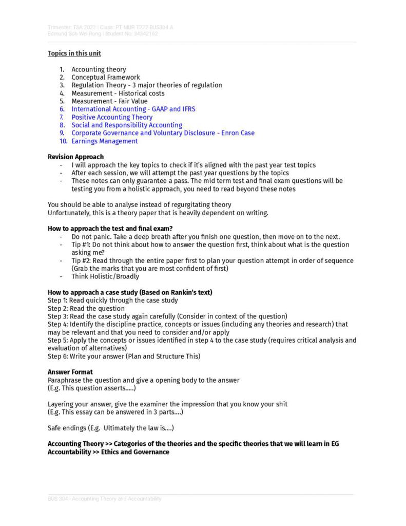 Murdoch University Accounting Theory and Accountability (ATA BUS304) Distinction notes