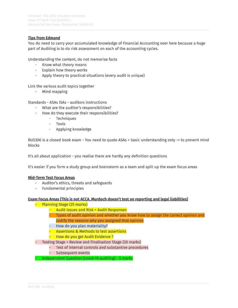 Auditing (BUS306) Murdoch University exam revision HD notes