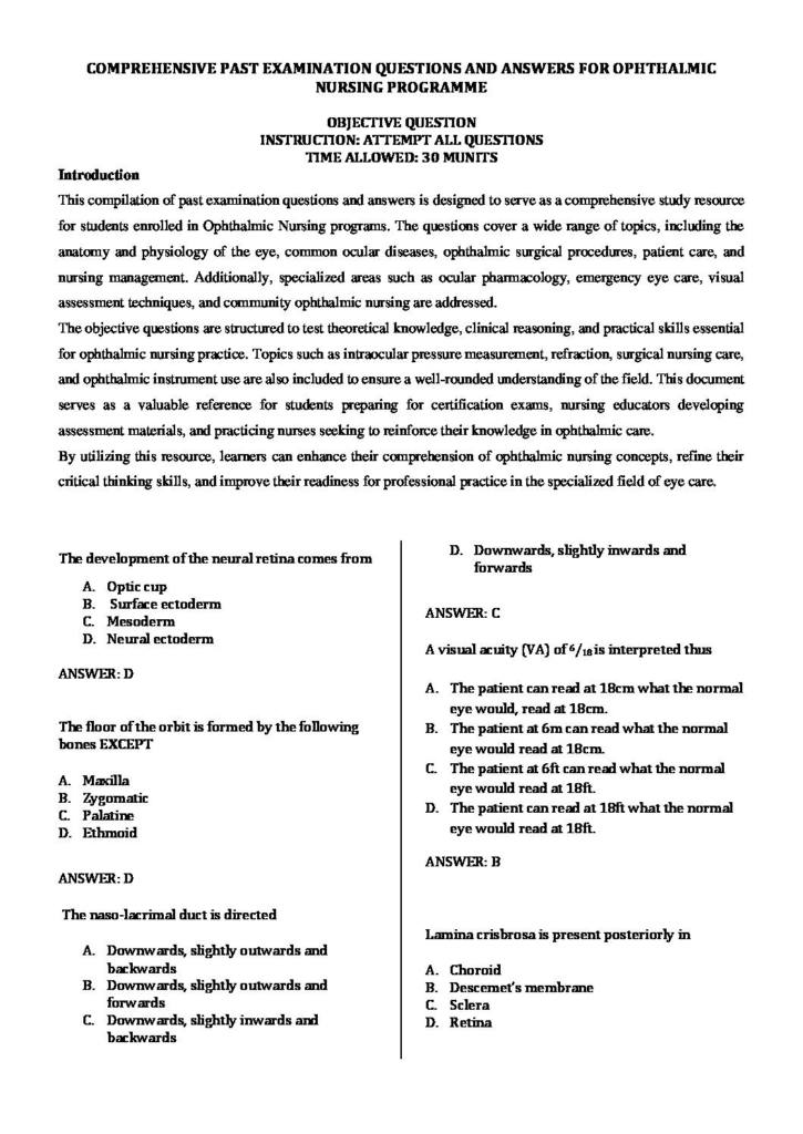 Comprehensive Questions And Answers For Ophthalmic Nursing Programme past examination