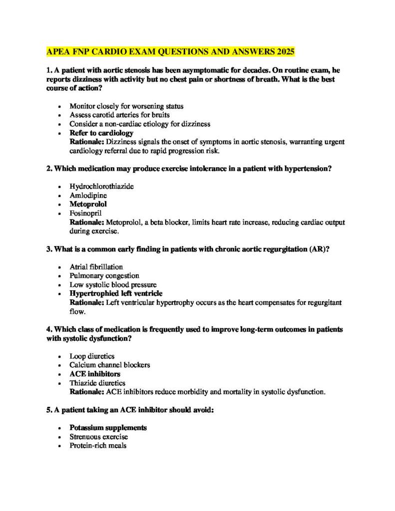 APEA FNP Cardio Exam (2025) Questions and Answers