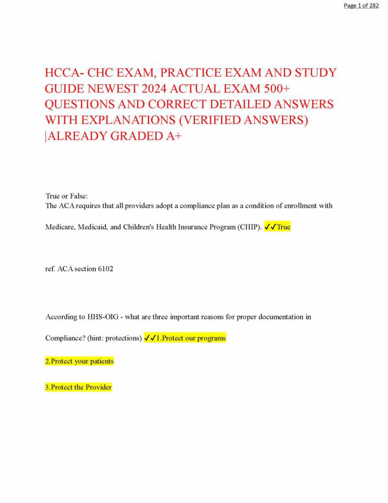 HCCA CHC Exam Guide 2024 with 500+ Q&A with explanations