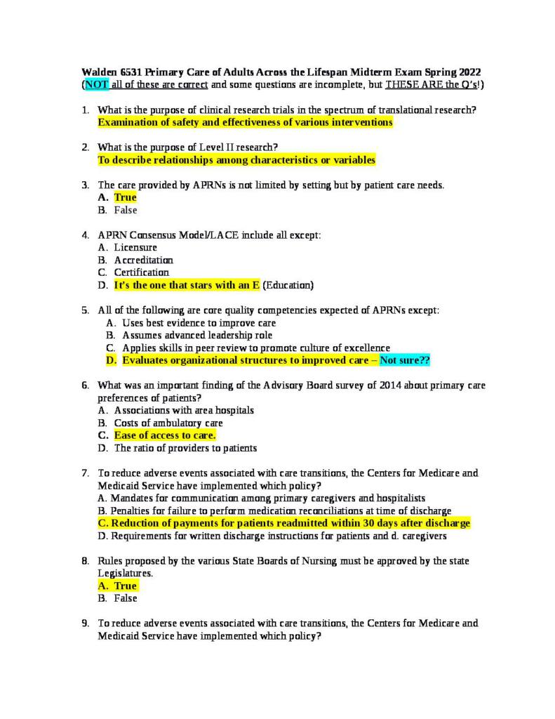 Primary Care of Adults Across the Lifespan (NRNP 6531) midterm exam spring