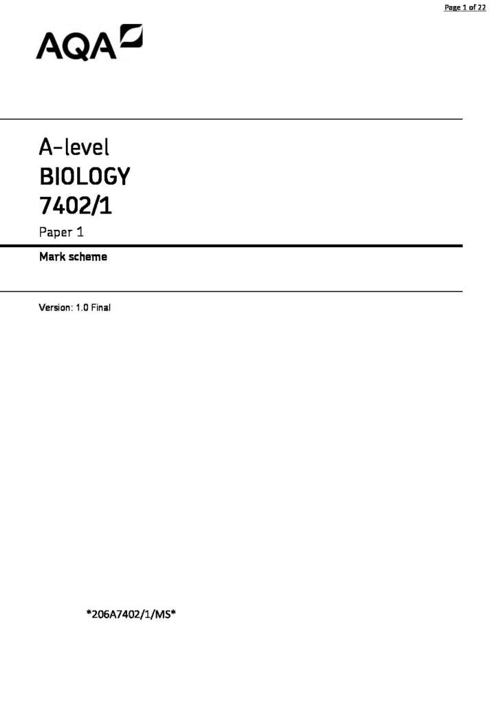 AQA A Level Biology (7402) Paper 1 Mock Mark scheme