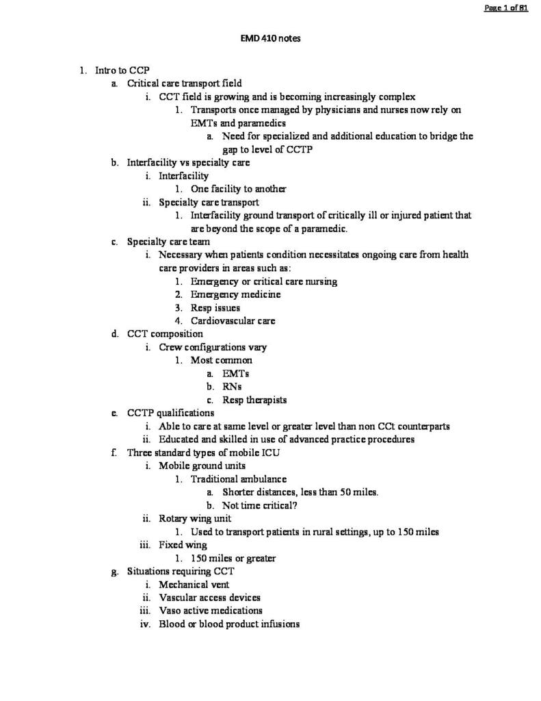 Critical Care (EMD 410) full summary notes