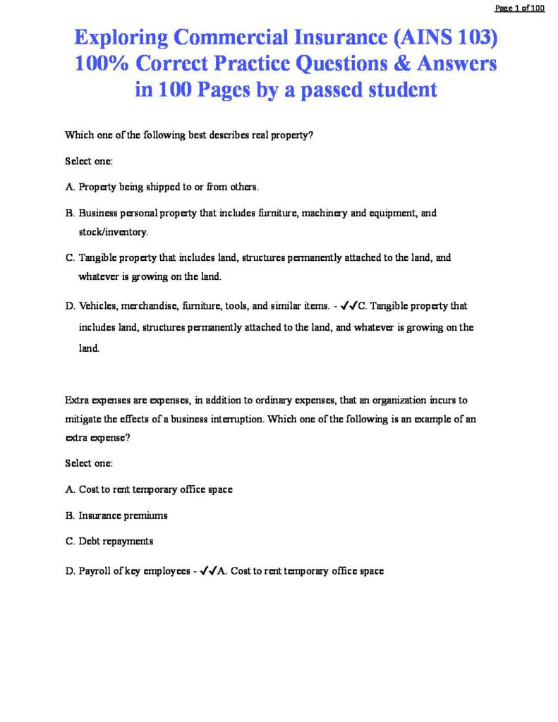 Exploring Commercial Insurance (AINS 103) practice questions with correct answers