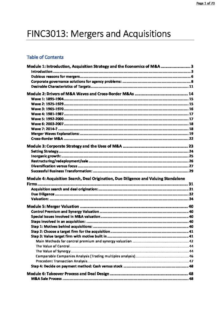 Mergers and Acquisitions (FINC3013) USYD M&A HD notes