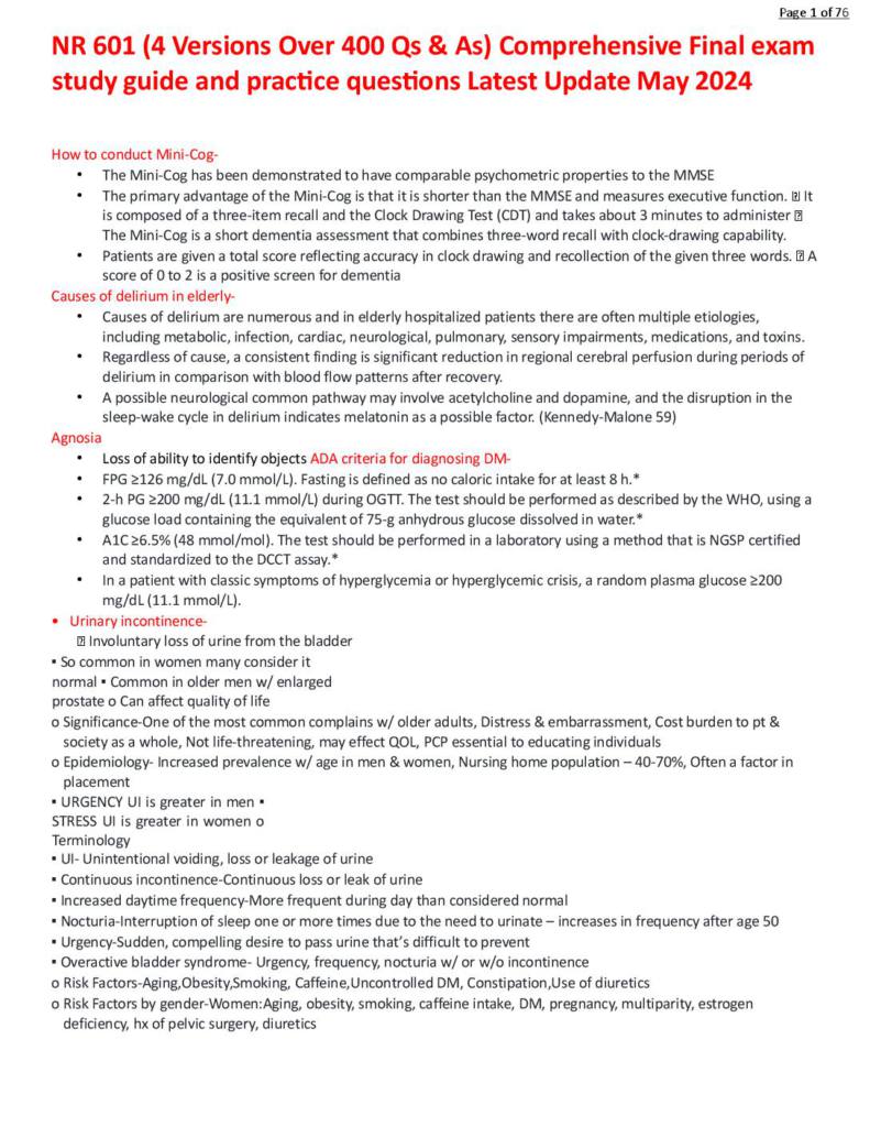 NR 601 comprehensive final exam study guide and practice questions