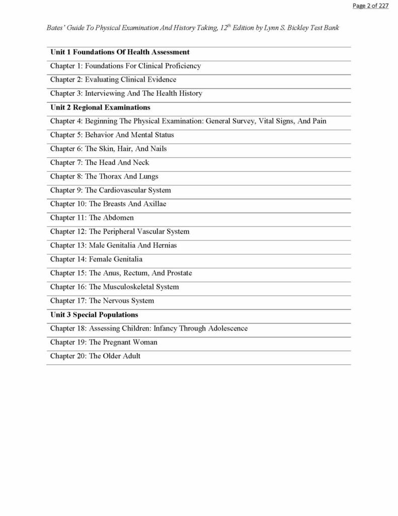Test Bank for Bates’ Guide to Physical Examination and History Taking 11th & 12th Edition by Bickley