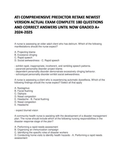 ATI Comprehensive Predictor Retake Study Guide with 180 Questions and Correct Answers