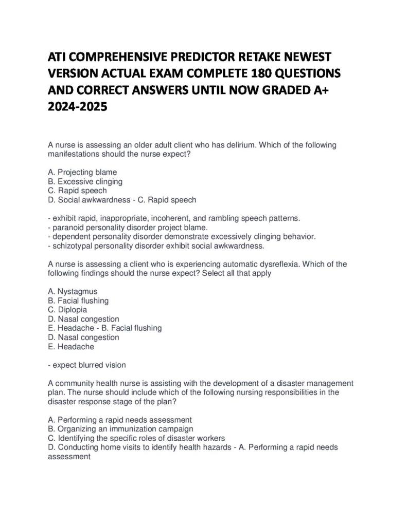 ATI Comprehensive Predictor Retake Study Guide with 180 Questions and Correct Answers