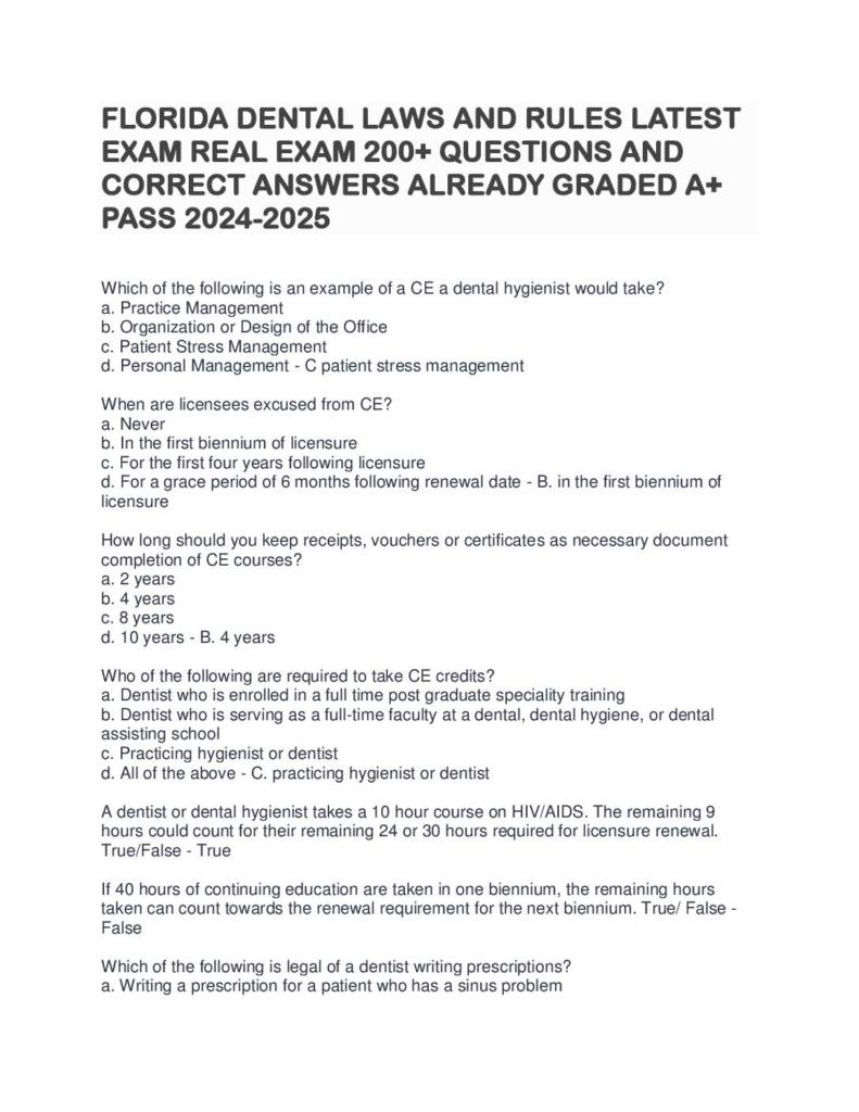 Florida Dental Laws and Rules (2026) testbank with answers