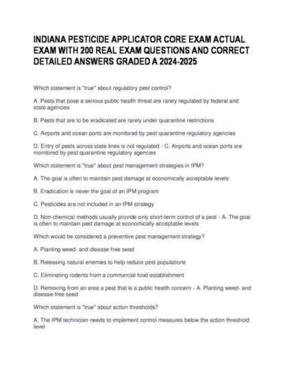 Indiana Pesticide Applicator Core Exam 200 Verified Practice Questions with Correct Detailed Answers