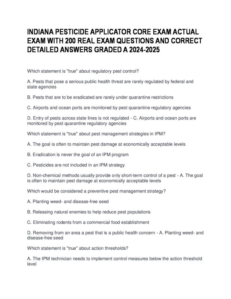 Indiana Pesticide Applicator Core Exam 200 Verified Practice Questions with Correct Detailed Answers