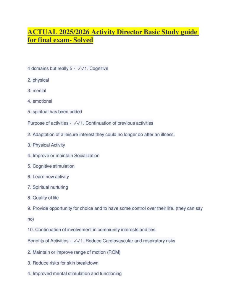 Activity Director Basic Study Guide for final exam