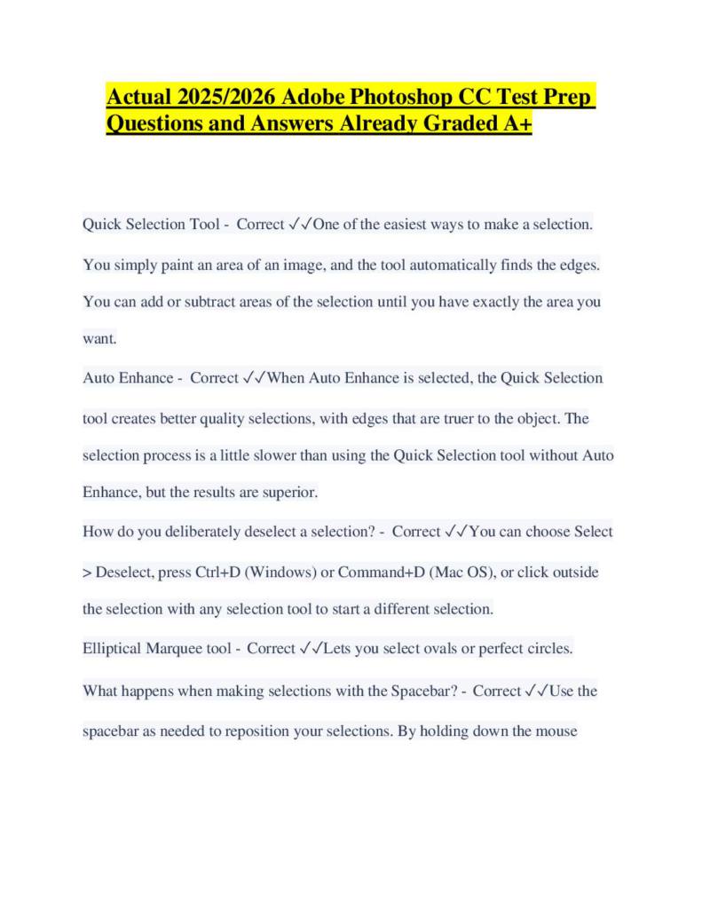 Adobe Photoshop (2026) CC Test Prep questions and answers