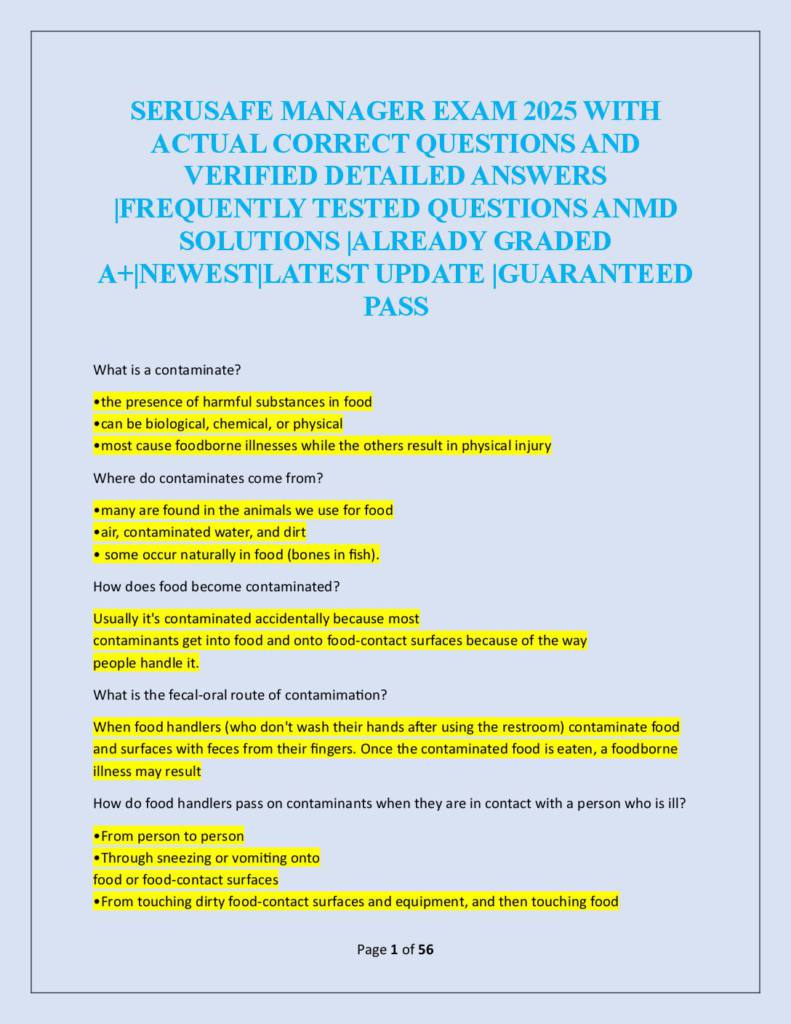 ServSafe Manager Exam 2025 | Actual Exam Questions and Verified Detailed Answers | Frequently Tested Questions with Solutions | Latest Update | A+ Graded