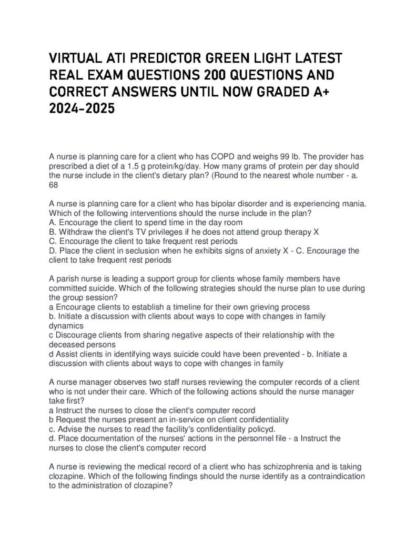 Virtual ATI Predictor Green Light Study Guide with 200 Practice Questions and Verified Answers (2024–2025)