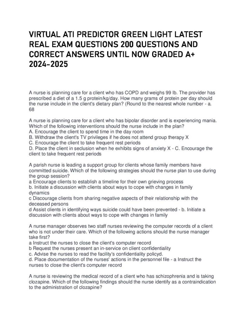 Virtual ATI Predictor Green Light Study Guide with 200 Practice Questions and Verified Answers (2024–2025)