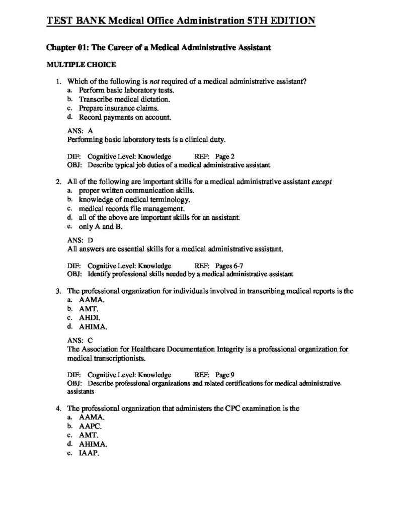 Test Bank for Medical Office Administration (5th Edition) – Brenda A. Potter