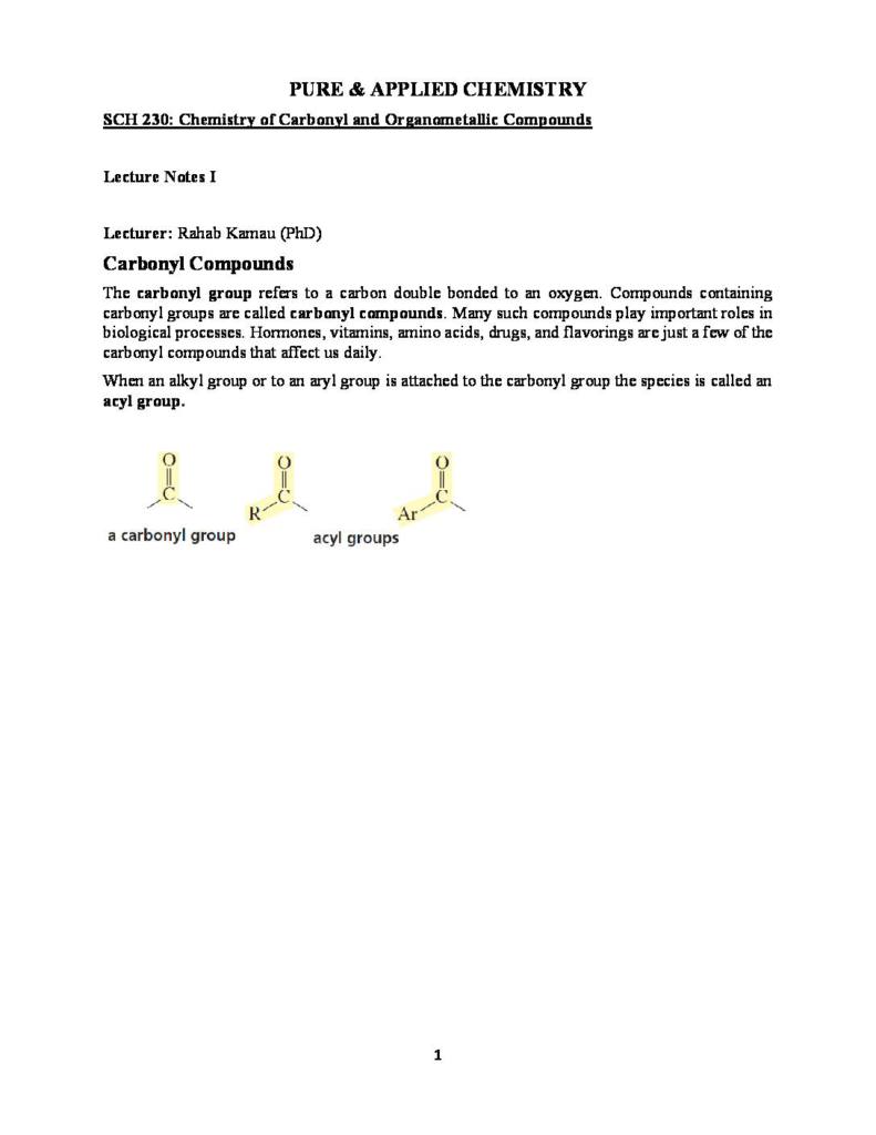 Chemistry of Carbonyl and Organometallic Compounds CHEM 30 & CHEM 153 notes