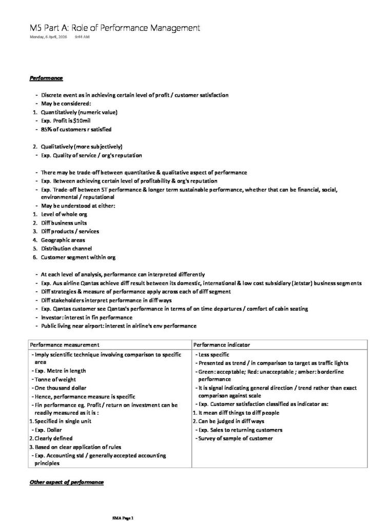 CPA Australia SMA Module 5 Part A Role of Performance Management