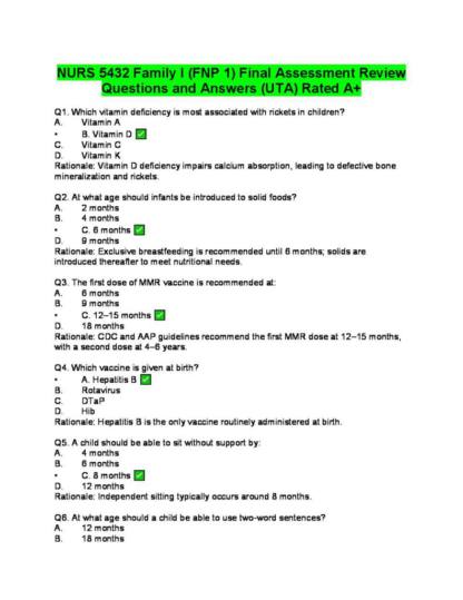 NURS 5432 Family I (FNP 1) Final Assessment Review Questions and Answers (UTA) Rated A+