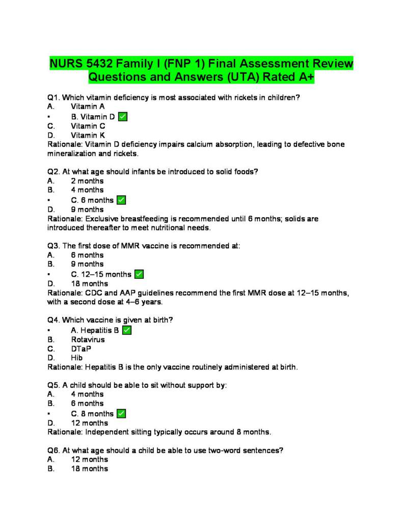NURS 5432 Family I (FNP 1) Final Assessment Review Questions and Answers (UTA) Rated A+