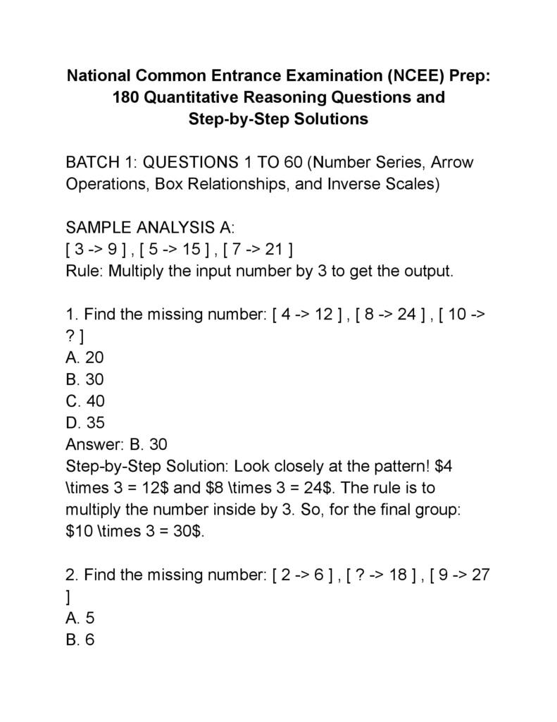 2026 National Common Entrance Examination (NCEE) Prep 180 Quantitative Reasoning Questions and Step by Step Solutions