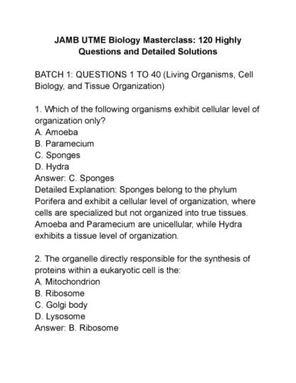 JAMB UTME Biology Masterclass 120 Highly Questions and Detailed Solutions