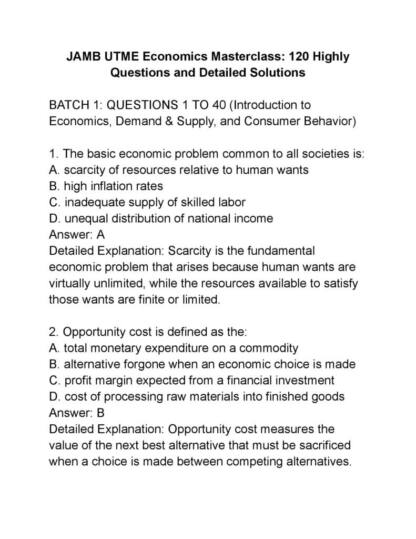 JAMB UTME Economics Masterclass 120 Highly Questions and Detailed Solutions