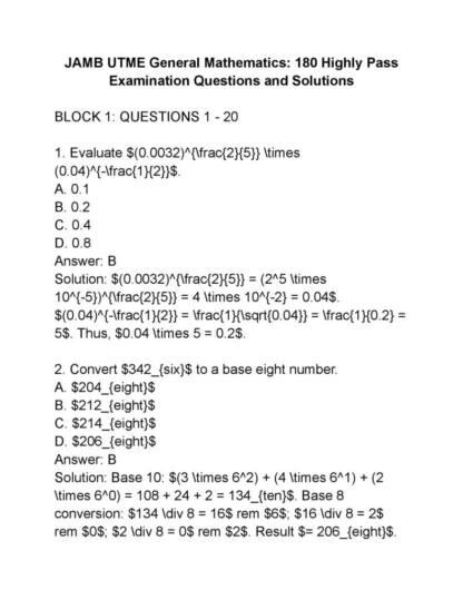 JAMB UTME Mathematics Masterclass 180 Pass Questions and Detailed Solutions