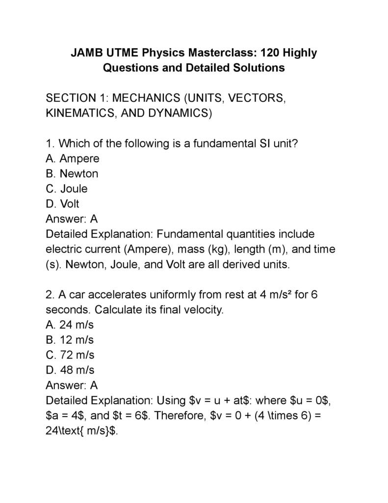 JAMB UTME Physics Masterclass 120 Highly Questions and Detailed Solutions