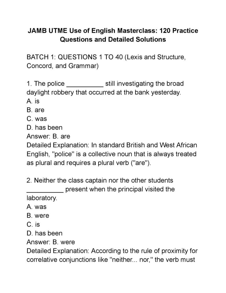 JAMB UTME Use of English Masterclass 120 Practice Questions and Detailed Solutions