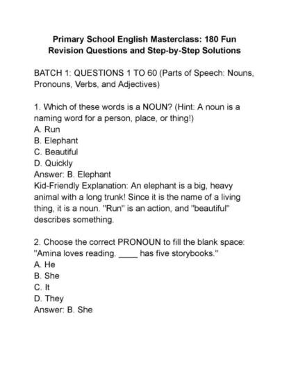 Primary School English Masterclass 180 Fun Revision Questions and Step by Step Solutions
