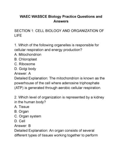 WAEC WASSCE Biology 100 Past Questions and Detailed Answers