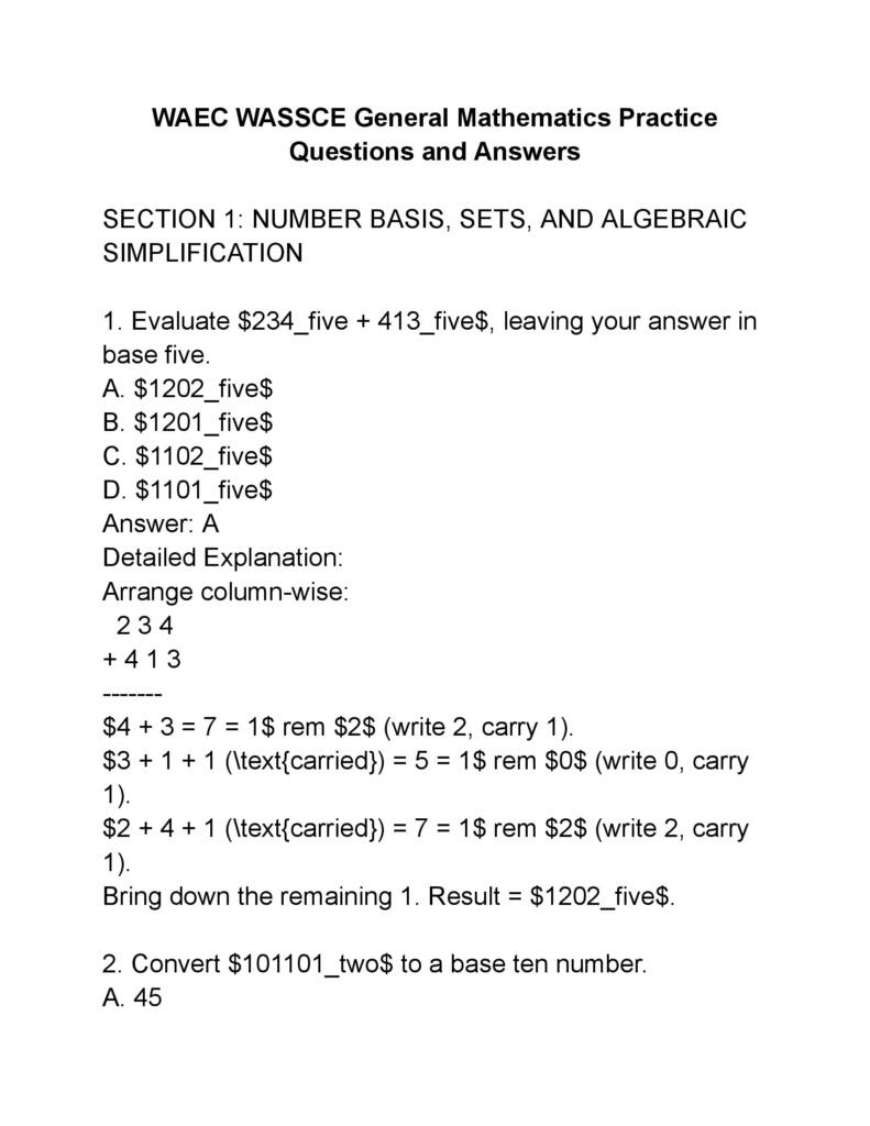 WAEC WASSCE General Mathematics 100 Past Questions and Detailed Answers