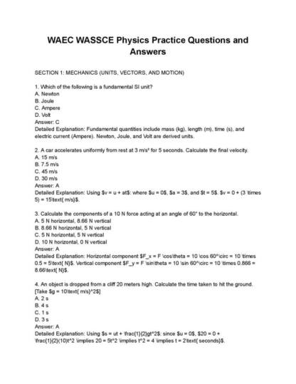WAEC WASSCE Physics 100 Past Questions and Detailed Answers
