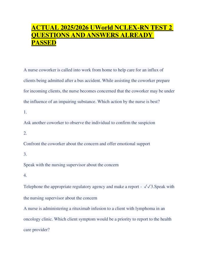 UWorld NCLEX-RN® Test 2 (2026) study notes with practice questions and answers