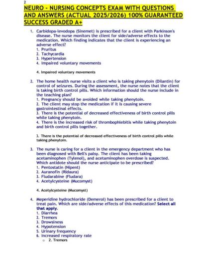 Neuro Nursing Concepts 2026 Exam notes with answers