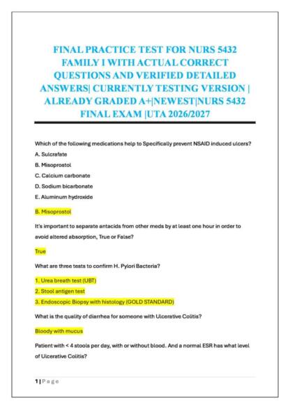 Family I (NURS 5432) 2026 Practice Test with questions and detailed answers